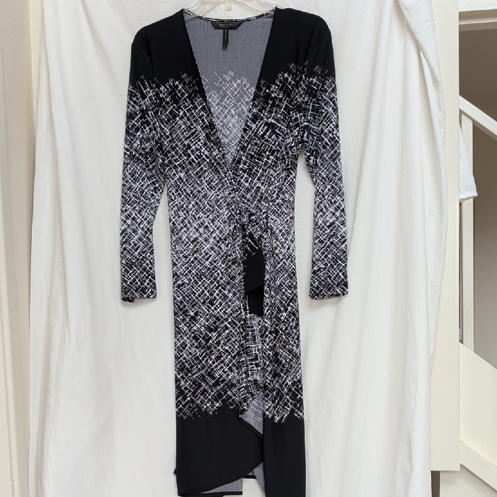 BCBG Adele black and white stretch wrap dress